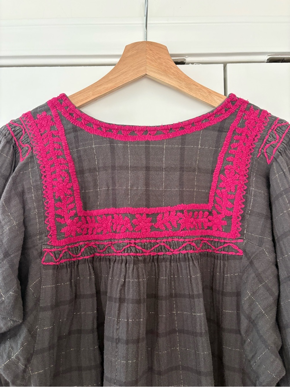 Sister Mary Embroidered Boho Blouse - Gray Plaid Metallic Thread, Medium - Picture 4 of 5